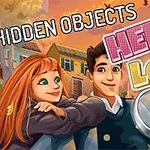 Genç bir kadın ve bir erkek mutlu bir şekilde yan yana dururken, büyüteç ve Hello Love yazısı ön planda