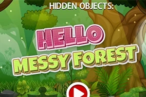 Yeşil bir ormanın içinde büyük HELLO MESSY FOREST yazısı ve bir oyun başlatma simgesi