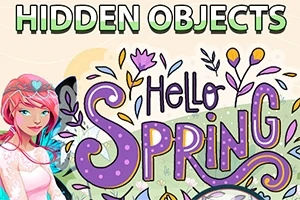 Pembe saçlı bir kadın karakterin yanında çiçek ve bitkilerle süslenmiş Hello Spring yazısı