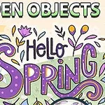 Pembe saçlı bir kadın karakterin yanında çiçek ve bitkilerle süslenmiş Hello Spring yazısı