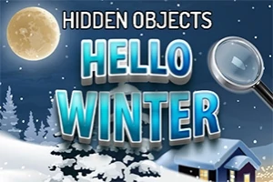 Karlı bir manzarada ay ışığı altında Hidden Objects Hello Winter yazısı ve büyüteç