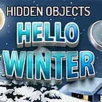Karlı bir manzarada ay ışığı altında Hidden Objects Hello Winter yazısı ve büyüteç