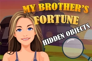 Genç bir kadın karakter, My Brothers Fortune ve Hidden Objects yazılı bir metnin önünde duruyor; arka planda ise doğal bir manzara bulunuyor