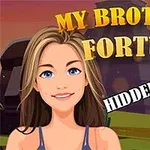 Genç bir kadın karakter, My Brothers Fortune ve Hidden Objects yazılı bir metnin önünde duruyor; arka planda ise doğal bir manzara bulunuyor