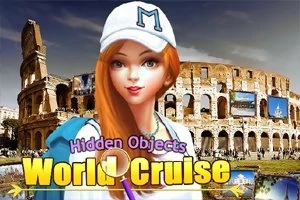 Kızıl saçlı bir kadın, beyaz şapka takmış, tarihi yapıların önünde duruyor ve altta Hidden Objects World Cruise metni yer alıyor