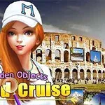 Kızıl saçlı bir kadın, beyaz şapka takmış, tarihi yapıların önünde duruyor ve altta Hidden Objects World Cruise metni yer alıyor