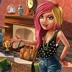 Pembe ve sarı saçlı genç bir kadın, oturma odasında şöminenin önünde durup gülümserken, el işaretiyle çeşitli eşyaları gösteriyor