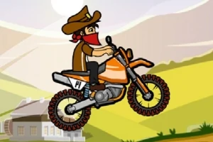 Kovboy şapkalı ve kırmızı bandanalı bir karakter, dağlık bir arka planda turuncu bir motosiklet üzerinde sürüş yapıyor