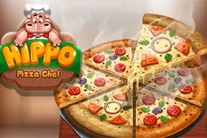 Şef şapkalı bir su aygırı karakteri ve dilimlenmiş bir pizza