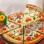Şef şapkalı bir su aygırı karakteri ve dilimlenmiş bir pizza