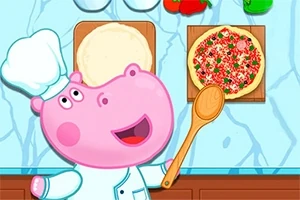 Pembe şapkalı bir hipopotam, mutfakta tahta kaşıkla önünde bir pizza tabanı ve yapılmış bir pizza ile poz veriyor