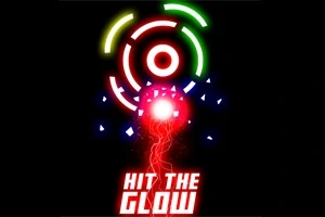 Kara arka plan üzerinde renkli halkalar, kırmızı parlak bir nesne ve Hit the Glow yazısı