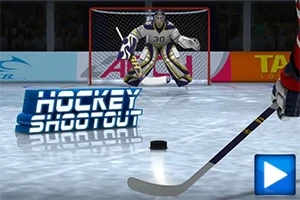 Bir buz hokeyi sahasında kaleci ile karşısında disk ve hokey sopası olan bir oyuncu, ekranda Hockey Shootout yazısı ve sağ alt köşede bir oyun başlatma butonu