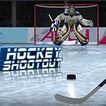 Bir buz hokeyi sahasında kaleci ile karşısında disk ve hokey sopası olan bir oyuncu, ekranda Hockey Shootout yazısı ve sağ alt köşede bir oyun başlatma butonu