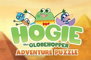 Yeşil renkli bir kurbağa, mavi gözlü bir böcek ve mor kanatlı bir kuşun üzerinde Hogie The Globehopper Adventure Puzzle yazısı bulunan illüstrasyon
