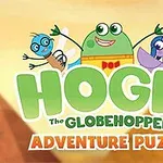 Yeşil renkli bir kurbağa, mavi gözlü bir böcek ve mor kanatlı bir kuşun üzerinde Hogie The Globehopper Adventure Puzzle yazısı bulunan illüstrasyon