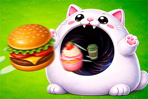 Karnında hamburger, cupcake ve içecek bulunan portal taşıyan sevimli beyaz kedi