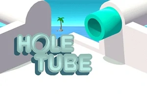 Deniz kenarında bir ada, beyaz yapılar ve yeşil bir tüp ile HOLE TUBE yazısı