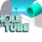 Deniz kenarında bir ada, beyaz yapılar ve yeşil bir tüp ile HOLE TUBE yazısı