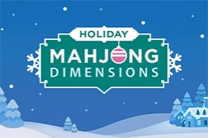 Mavi ve beyaz tonlarında kar manzarası fonu üzerinde Holiday Mahjong Dimensions yazısı