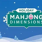 Mavi ve beyaz tonlarında kar manzarası fonu üzerinde Holiday Mahjong Dimensions yazısı