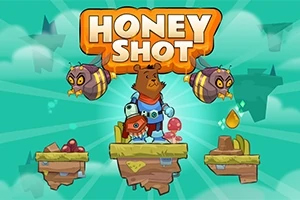 Honey Shot Arka planda bulutlarla çevrili bir ortamda, Honey Shot yazısının önünde duran bir ayı, sağında ve solunda iki büyük arı ile birlikte gösterilmektedir