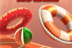 Kırmızı şeker kaplamalı simit şekilli bir nesne, yaşam simidi ve karpuz desenli bir topun bulunduğu renkli bir grafik
