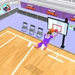 Bir basketbol sahasında, mor forma giymiş bir oyuncu smaç yaparken görüntüleniyor