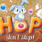 Mavi bir tavşan, büyük turuncu harflerle yazılmış HOP dont stop!