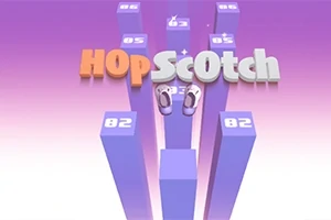 Mor ve pembe tonlarında bir arka plan üzerinde, üzerinde rakamlar olan yükseltilmiş sütunlar ve ortasında HopScotch yazısı bulunan bir görsel