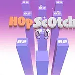 Mor ve pembe tonlarında bir arka plan üzerinde, üzerinde rakamlar olan yükseltilmiş sütunlar ve ortasında HopScotch yazısı bulunan bir görsel