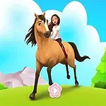 Gökyüzünde bulutların ve yeşil ağaçların olduğu bir manzarada kahverengi bir atın üzerinde oturan bir kız