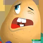 Yüz ifadesi üzgün olan bir patates, mutfak eşyalarıyla çevrili olarak çizilmiş