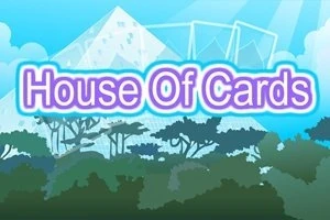 Üstünde House Of Cards yazısı bulunan, ağaçlar ve arka planda büyük bir kart evi ile mavi temalı illüstrasyon
