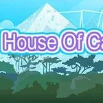 Üstünde House Of Cards yazısı bulunan, ağaçlar ve arka planda büyük bir kart evi ile mavi temalı illüstrasyon