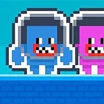 Mavi ve pembe renkli pikselli iki karakter, mavi bir platform üzerinde yan yana duruyor ve kask takıyor