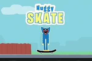 Mavi renkli, sevimli ve dişleri görünümlü bir karakter, kaykay üzerinde bir şehir manzarasında duruyor; üzerinde Huggy Skate yazılı