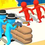Mavi figürler şapka takarak siperin arkasından silah doğrultmuş, kırmızı figürler ise kaçıyor