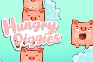 Açık mavi arka plan üzerinde bulutlar ve şirin domuz figürleriyle süslenmiş Hungry Piggies yazısı