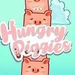 Açık mavi arka plan üzerinde bulutlar ve şirin domuz figürleriyle süslenmiş Hungry Piggies yazısı