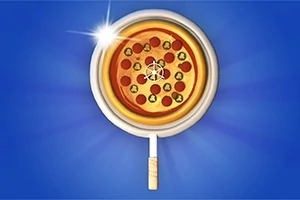 Mavi arka planda, üzerinde dilimlenmiş zeytinli ve sucuklu pizza bulunan büyüteç