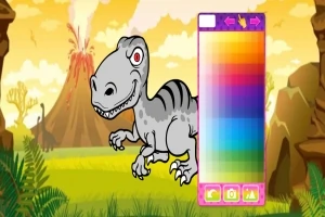 Dinozorun önünde bir renk paletiyle, arka planda volkan ve bitki örtüsü bulunan çizgi film tarzı manzara