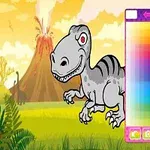 Dinozorun önünde bir renk paletiyle, arka planda volkan ve bitki örtüsü bulunan çizgi film tarzı manzara