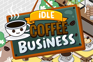 Sevimli bir kahve fincanı ve Idle Coffee Business yazılı tabela, kahve dekorlarıyla çevrilidir