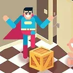 Süper kahraman kostümlü bir karakter ve gülümseyen bebek, bir odada açık kapının önünde, yanlarında bir tahta kutu ile duruyor