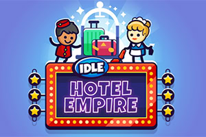 Şirin karikatür tarzında otel çalışanları ve bavulların yanında Idle Hotel Empire yazısıyla renkli bir tabela