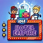 Şirin karikatür tarzında otel çalışanları ve bavulların yanında Idle Hotel Empire yazısıyla renkli bir tabela