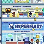 Çizgi film tarzında bir hipermarket binası, çeşitli katlarda çalışan insanlar ve asansörde bir kişi