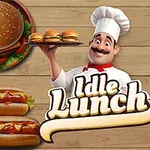 Bir şef, bir tepsi mini burger tutarken fonda hamburger, patates kızartması, sosisli sandviç ve salata bulunan ahşap bir zemin üzerinde Idle Lunch yazısı