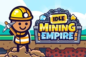Bir madenci, elinde kazma ile toprak katmanları arasında dururken, büyük bir taş yığını üzerinde Idle Mining Empire yazılı bir tabela bulunuyor